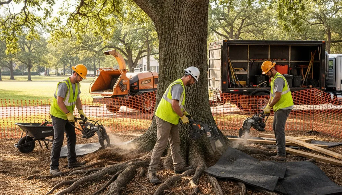 Tree service crew providing root protection for trees in Tampa, FL