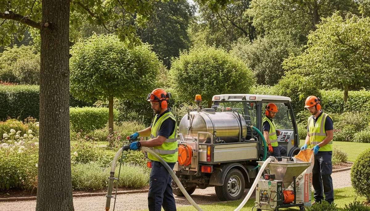 Tree care specialist applying fertilizer to healthy trees in Tampa, FL