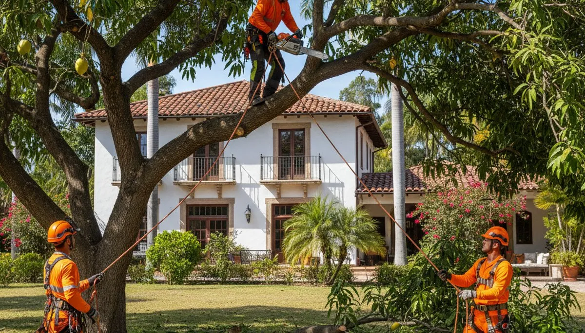 Tree service crew trimming trees in Tampa, FL for residential property care