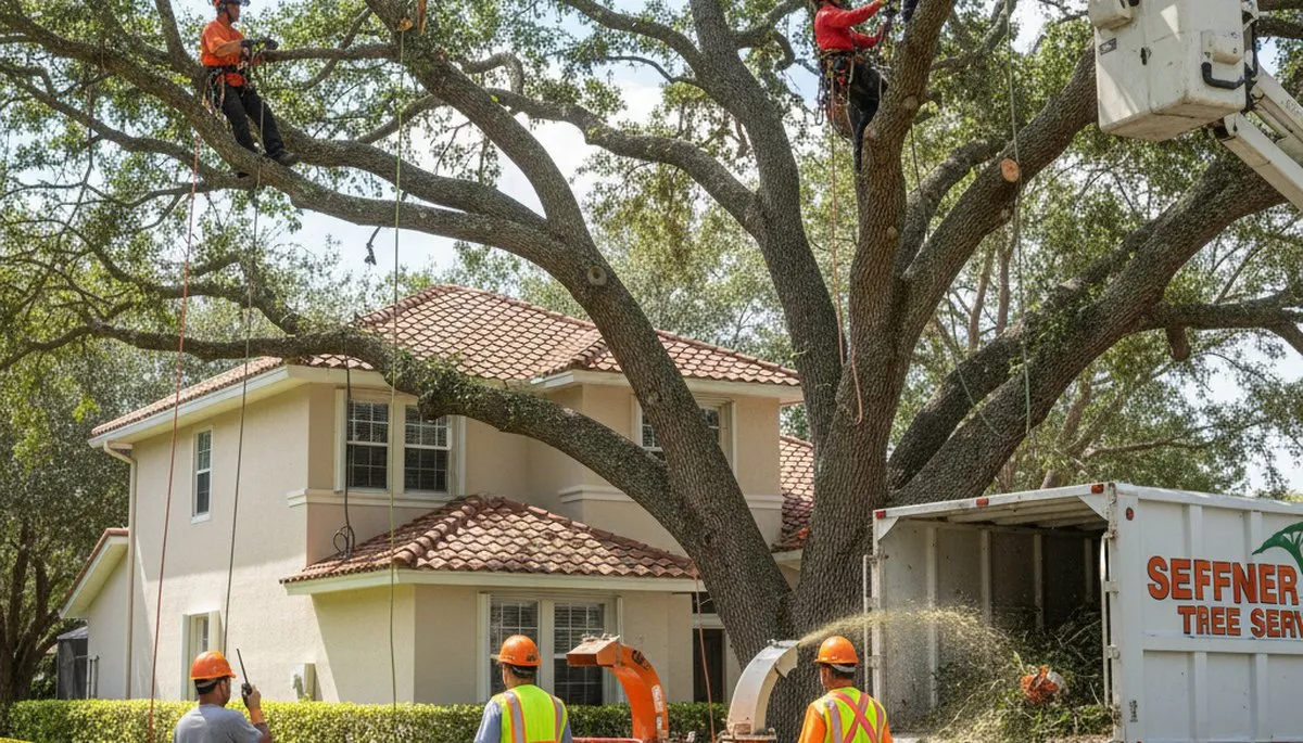 Tree service crew trimming trees in Tampa, FL for safe, professional tree care